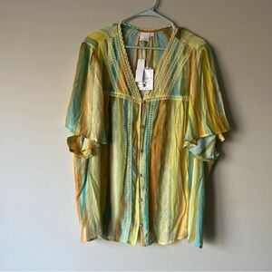 NWT Sharagano Flowy Watercolor 3X Striped Crochet Trim Flutter Sleeve Top Boho